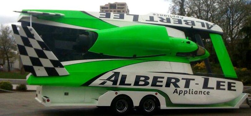 The Albert Lee Hydroplane on display at the base of Seattle's Space Needle. (Photo courtesy of H1 Media Relations)