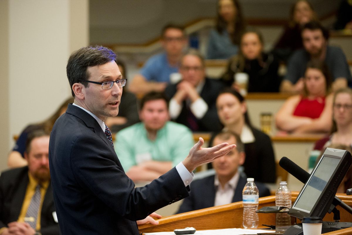 Washington Attorney General Bob Ferguson speaks about a state lawsuit he filed challenging key sections of President Donald Trump’s immigration executive order in February during a talk with Gonzaga students on Friday, at the Barbieri Courtroom at the Gonzaga University School of Law in Spokane, Wash. (Tyler Tjomsland / The Spokesman-Review)