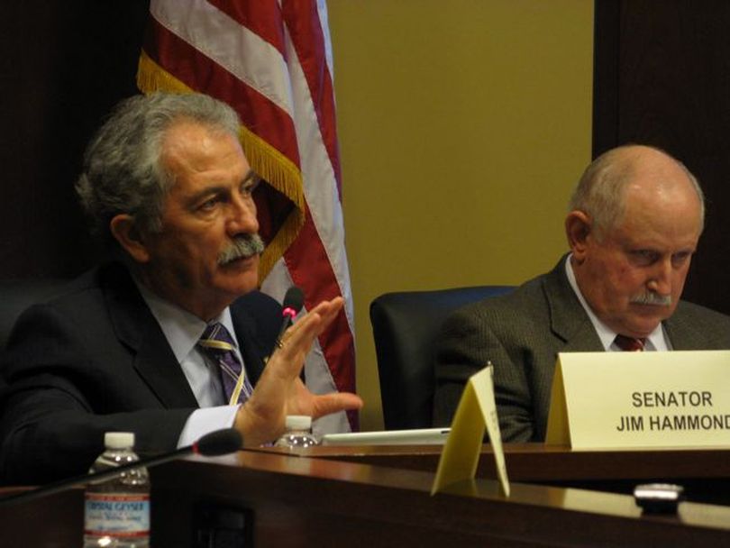 Sen. Jim Hammond, R-Coeur d'Alene, left, asks a question about conflicts of interest during the Senate Ethics Committee meeting on Monday morning. (Betsy Russell)