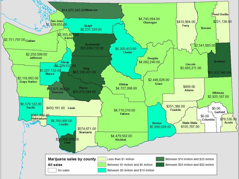 This is a map of all marijuana sales in Washington, county-by-county, in the first 15 months recreational marijuana was legal. (Jim Camden/Spokesman-Review)