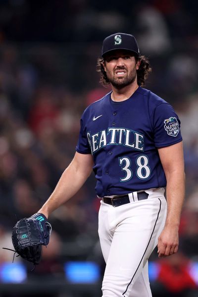 Seattle Mariners pitcher Robbie Ray reacts during the second inning against the Cleveland Guardians on March 31 at T-Mobile Park in Seattle.  (Tribune News Service)