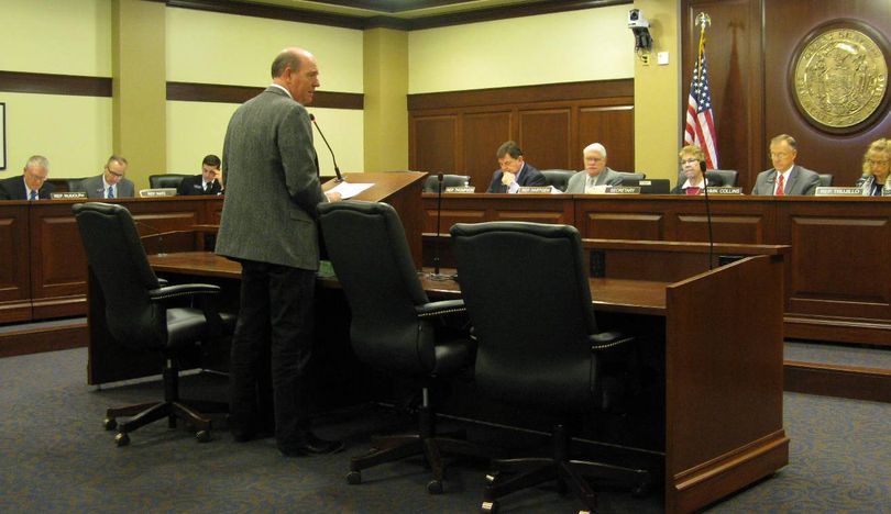 House Majority Leader Mike Moyle, R-Star, presents the new tax-cut bill to the House Revenue & Taxation Committee on Monday morning (Betsy Z. Russell)