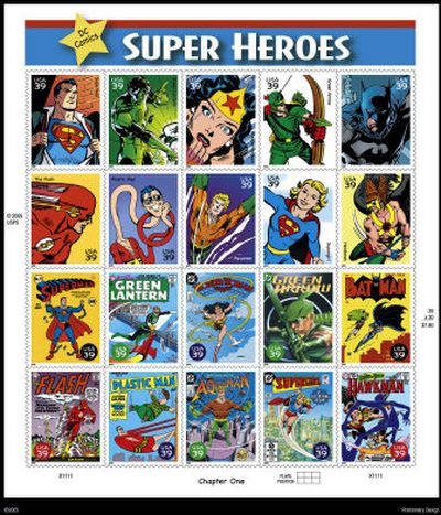 
This image provided by the U.S. Postal Service shows new 39-cent postage stamps featuring Batman, Superman, Wonder Woman, Supergirl and half a dozen other superheros. 
 (Associated Press / The Spokesman-Review)