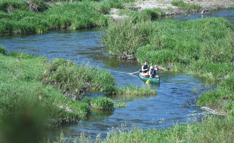 Two Department of Ecology water quality modelers paddle a canoe, towing a testing probe, down Hangman Creek near The Creek at Qualchan Golf Course on April 28, 2016, as they cover the last few miles of water quality testing on the creek. (Jesse Tinsley / The Spokesman-Review)