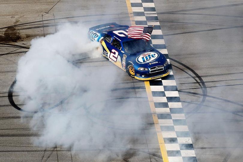 Brad Keselowski celebrates his second win in the NASCAR Sprint Cup Series Aaron's 499 on Sunday in Talladega, Ala. (Photo Credit: Todd Warshaw/Getty Images for NASCAR) (Todd Warshaw / Getty Images North America)
