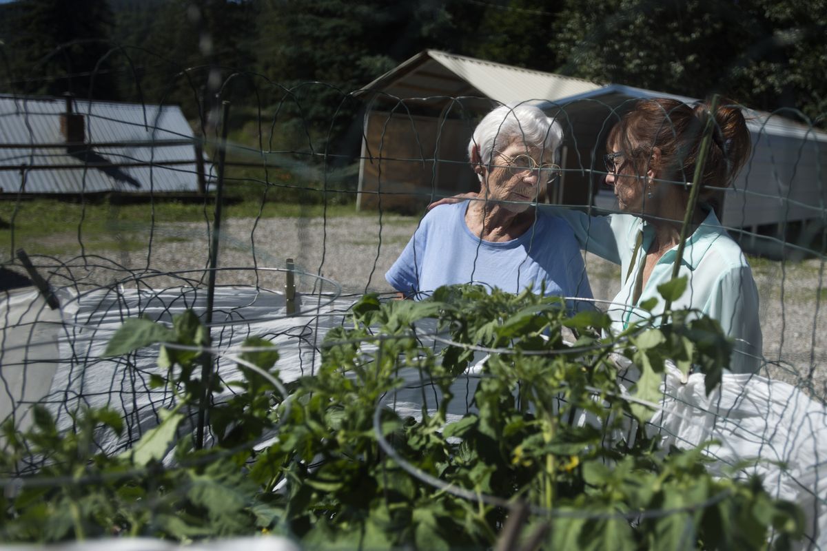Rural Resources’ Cherie Gorton puts her arm around Elaine McPherson, 90, as McPherson shows Gorton her tomatoes June 11 in Republic. “I call her the little buzz-bomb,” McPherson said of Gorton. “Nobody can keep up with her. She runs around and helps all the retired people.” (Tyler Tjomsland)