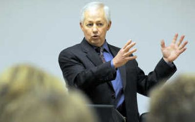 
Mike Kreidler, Washington insurance commissioner, talks Thursday with employees about the four years spent working with Western United Life Assurance Co. in Spokane. 
 (CHRISTOPHER ANDERSON / The Spokesman-Review)