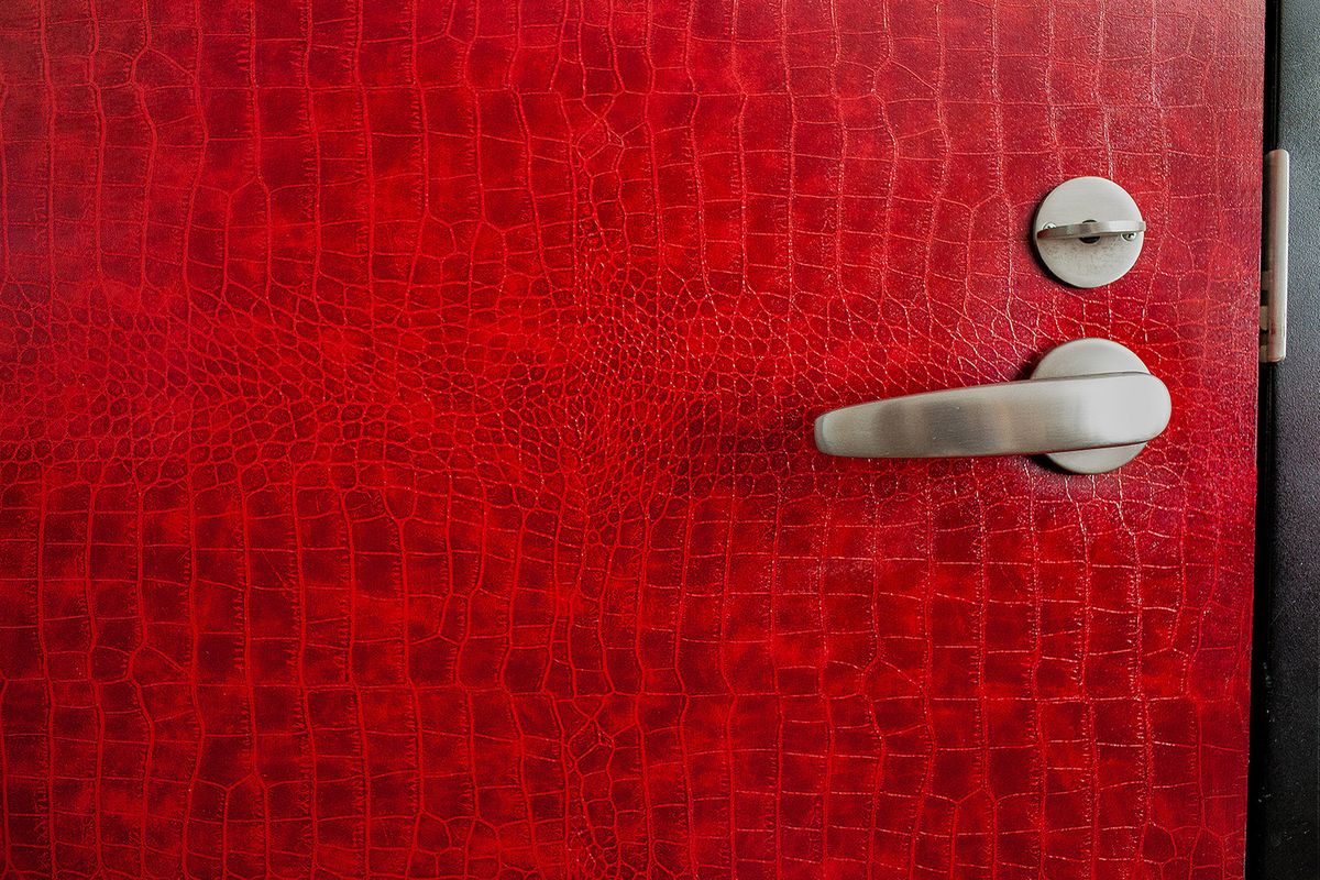 Recycled leather from EcoDomo, embossed in a crocodile design, is used to cover a door.