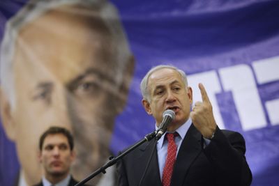 Likud Party leader Benjamin Netanyahu speaks at a campaign event in Jerusalem on Saturday. Israeli polls Friday predicted a narrowing race for Feb. 10 elections.  (Associated Press / The Spokesman-Review)