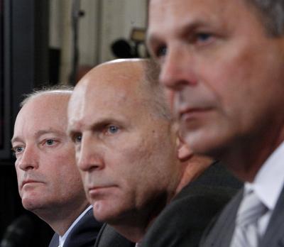 From left to right, Lamar McKay of BP America, Steven Newman of Transocean Ltd. and Tim Probert of Halliburton testify before the Senate Committee on Energy and Natural Resources on Tuesday.  (Associated Press)