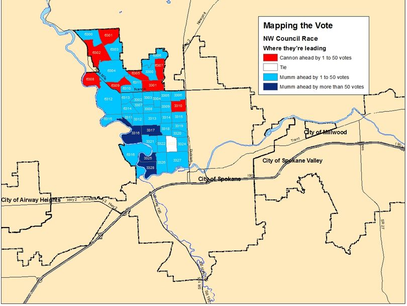 This is a map of the election night returns for Spokane's NW City Council race between Candace Mumm and Michael Cannon. (Jim Camden)