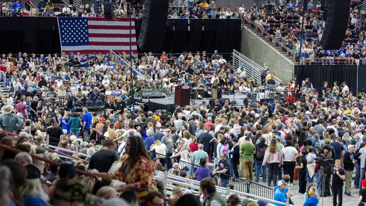 People begin to fill the floor Monday afternoon for the “Fighting Oligarchy” tour stop at the Ford Idaho Center with U.S. Sen. Bernie Sanders (I-Vermont) and U.S. Rep. Alexandria Ocasio-Cortez (D-New York) in Nampa, Idaho. (Sarah A. Miller)