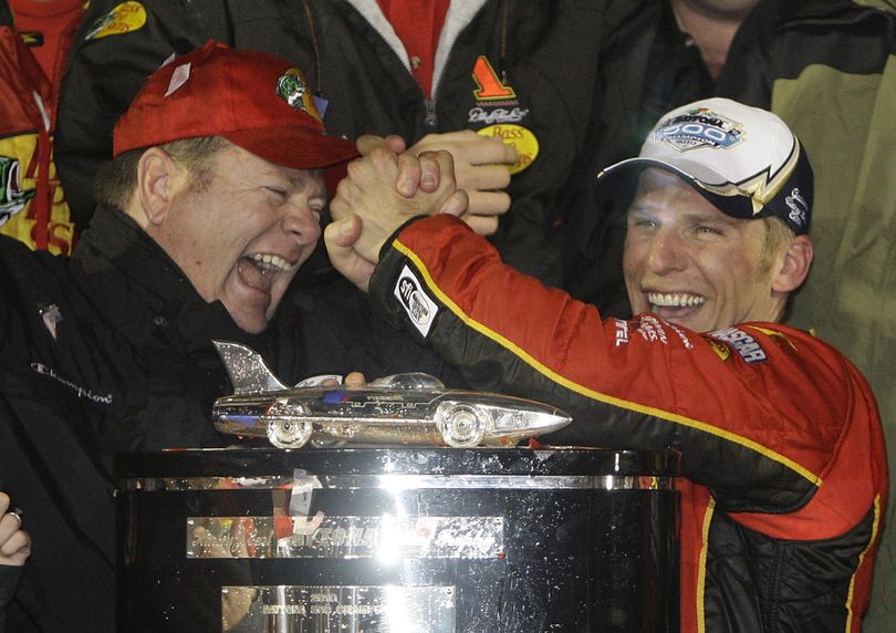 Team owner Chip Ganassi, left, and driver Jamie McMurray celebrate on Sunday. (Associated Press)