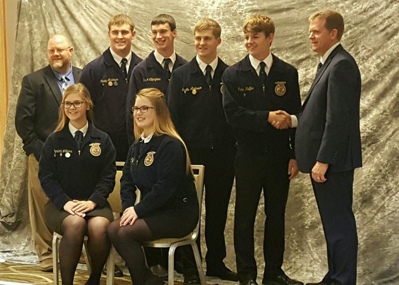 Reardan High School FFA debaters ranked among the top 16 teams in the nation with a presentation the the pros and cons of pursuing salmon passage up the Columbia River over Grand Coulee Dam. Team members include Lizzie Williams, Nathan Kieffer, Justis and Josey Anderson, Ruger Lillengreen, and Kaylene Kuykendall along with teacher/advisor Rick Perleberg.   (Courtesy)