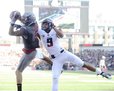 Receiver Gabe Marks  and Washington State flattened Arizona last season, winning 69-7. Even without their rop receiver back, the Cougars should be alble to take care of business when they meet the Wildcats this season. (Tyler Tjomsland / The Spokesman-Review)