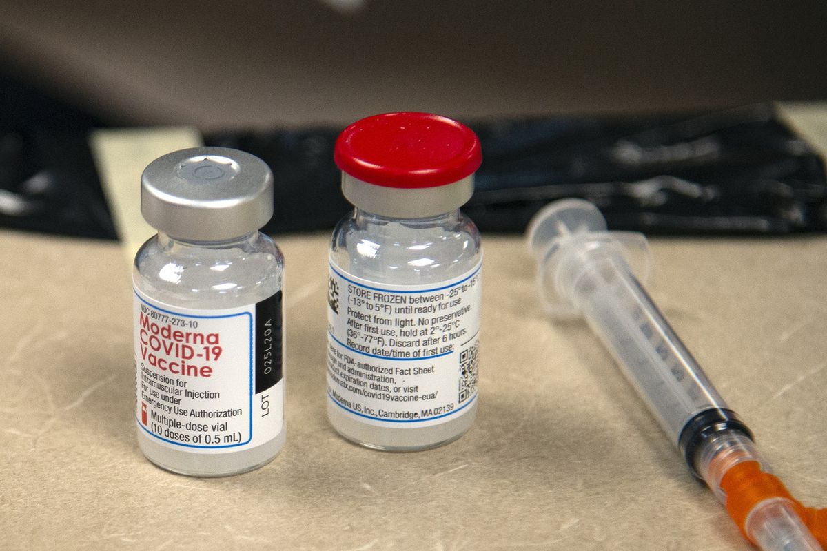 The Moderna COVID-19 vaccine, being readied for school nurses, is shown Friday, Jan. 8, 2021 at the school district office. School nurses received the first doses of the vaccine Friday.  (Jesse Tinsley/The Spokesman-Review)