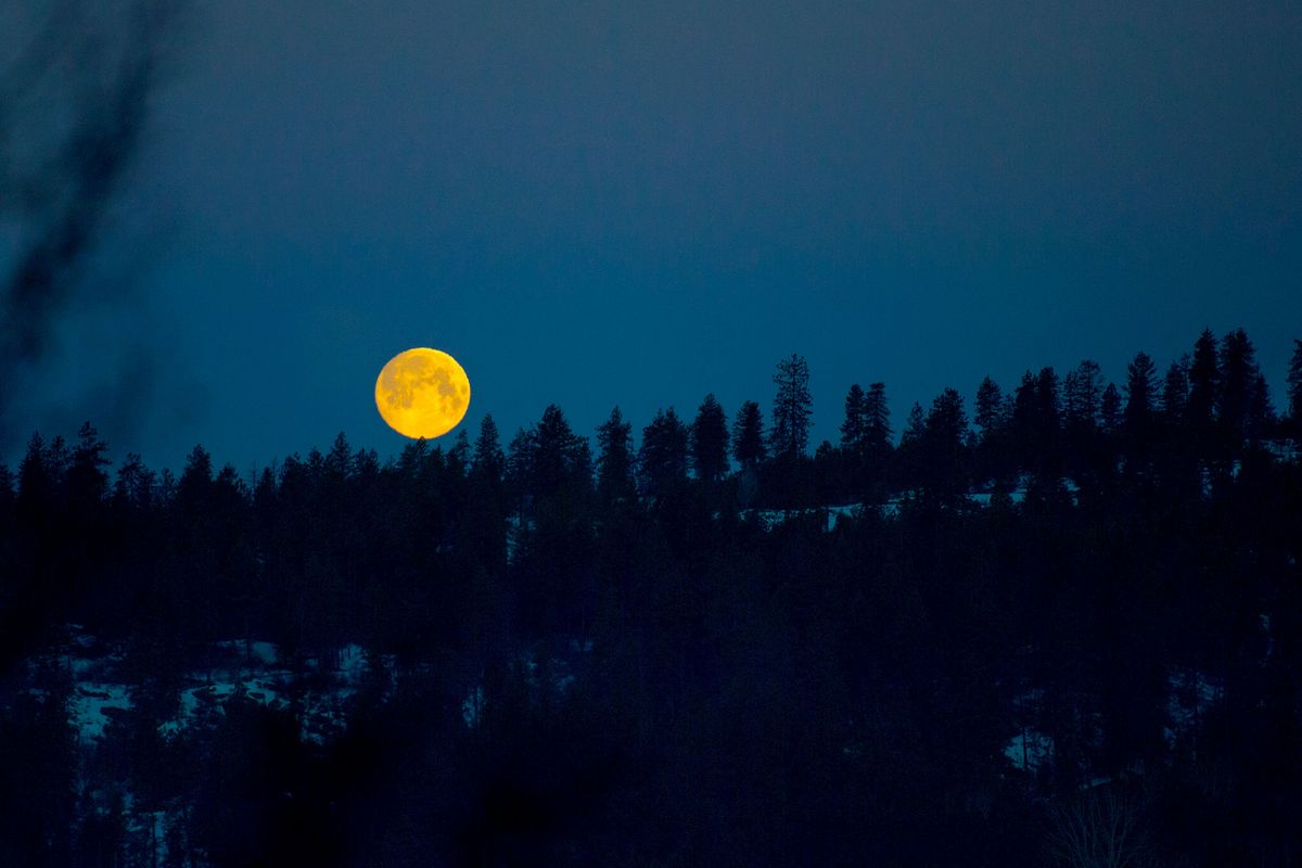The full moon rises over Hauser Lake as it reaches its peak on the same day as the spring equinox, on March 20, 2019. A full “buck moon” will rise Saturday after sunset, reaching its peak brightness at 9:45 p.m.  (Kathy Plonka/The Spokesman-Review)