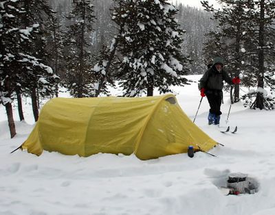 David Moershel of Spokane skis back to camp in the backcountry south of Old Faithful in Yellowstone National Park. (Rich Landers)