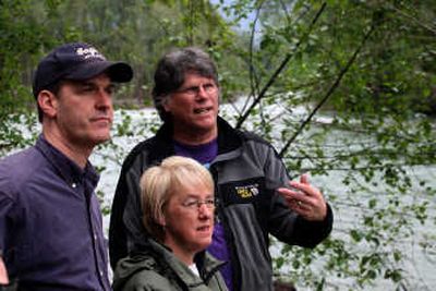 
From a spot along the north fork of the Skykomish River east of Index, Wash., Rep. Rick Larsen, left, and Sen. Patty Murray share a view of the Wild Sky Wilderness on Friday with Mike Town.Associated Press
 (Associated Press / The Spokesman-Review)