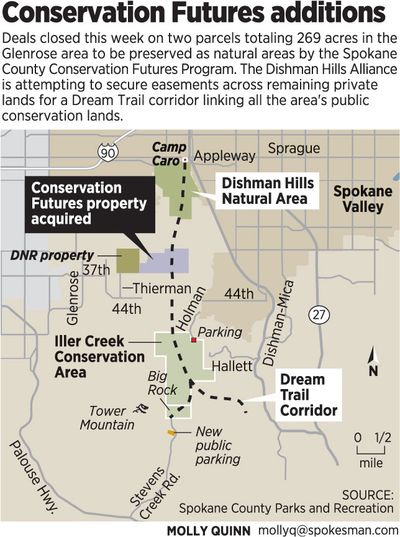 Map shows McCollum and Stone properties purchased in the Glenrose area by the Spokane Conservation Futures Program and the Dishman Hills Natural Area Association. (Molly Quinn)