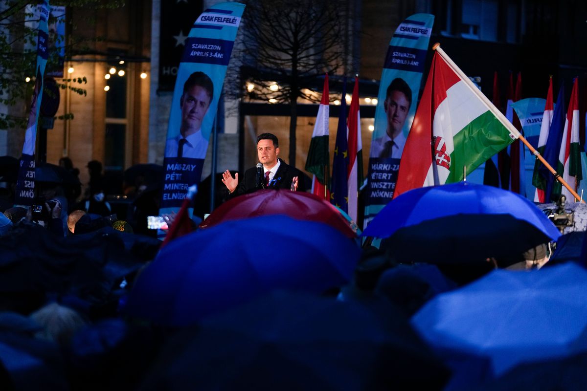 Peter Marki-Zay, leader of United For Hungary, the six-party opposition coalition, speaks during the final electoral rally in Budapest, Hungary, Saturday, April 2, 2022, ahead of Sunday's election. Hungary's nationalist prime minister, Viktor Orban, seeks a fourth straight term in office, a coalition of opposition parties are framing the Sunday election as a referendum on Hungary's future in the West.  (Petr David Josek)