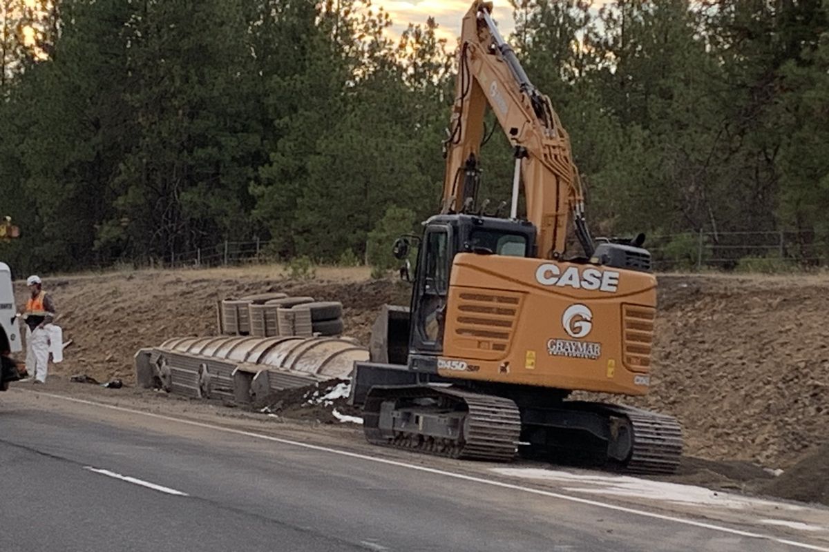 Crews work on Wednesday to cleanup a chemical spill from a semitruck crash on Interstate 90 just east of the state Highway 904 exit at Tyler.  (Courtesy of Washington State Patrol)