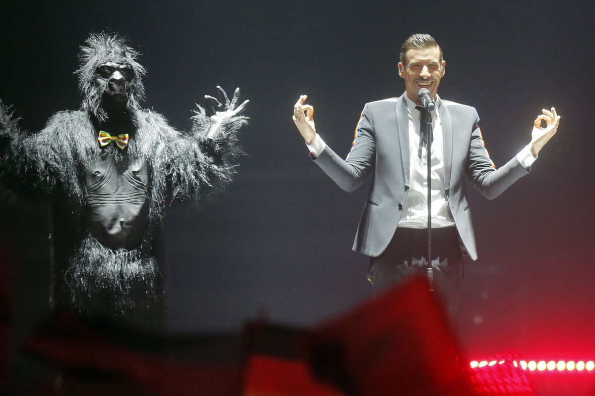 Francesco Gabbani from Italy, right, performs the song ""Occidentali