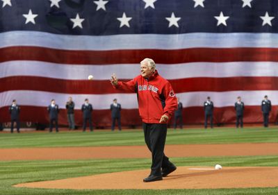 U.S. Sen. Edward Kennedy, D-Mass., throws out the ceremonial first pitch in Boston on Tuesday. (Associated Press / The Spokesman-Review)