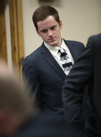 John R.K. Howard takes a seat during his sentencing hearing, Friday, Feb. 24, 2017, at the courthouse in Twin Falls, Idaho. District Judge Randy Stoker has sentenced John R.K. Howard, a high school football player to three years of probation and 300 hours of community service after prosecutors said he took part in a brutal locker room assault on a black football player in a small Idaho town. (DREW NASH, TIMES-NEWS / Drew Nash / The Times-News)