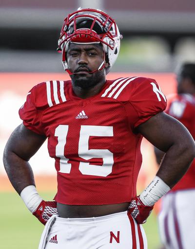 FILE - In this Aug. 11, 2015, file photo, Nebraska linebacker Michael Rose-Ivey (15) prepares to warm up during NCAA college football practice in Lincoln, Neb. Rose-Ivey, who along with two teammates kneeled during the national anthem before a game at Northwestern on Saturday, Sept. 24, 2016,, said he and his family have received racially-charged criticism on social media. (AP Photo/Nati Harnik, File) (Nati Harnik / AP)