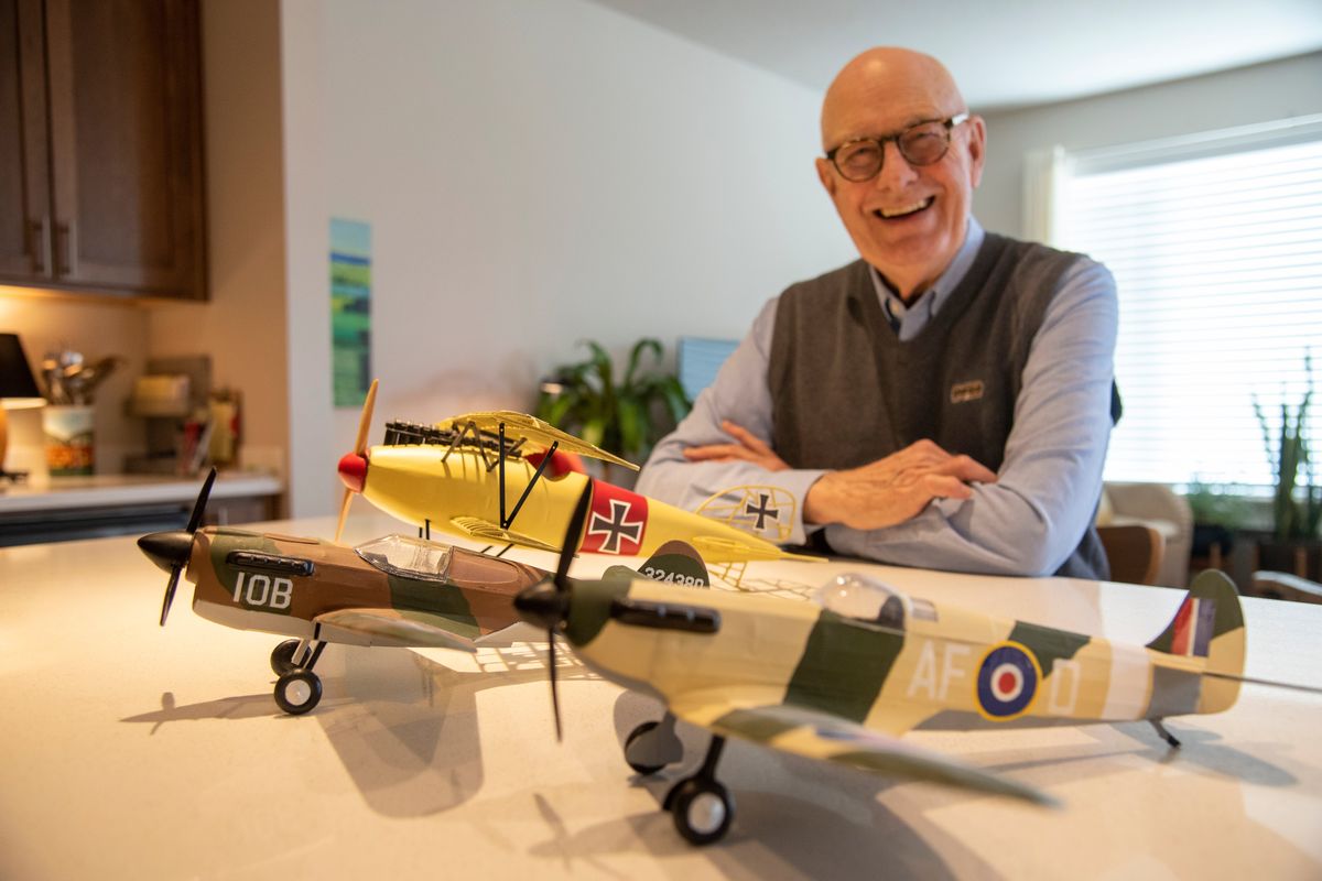 Mike Moore, a retired executive in hospital administration and in aviation, built these three balsa and paper models during the pandemic, reviving his lifelong interest in aviation. He has been a pilot for many years and owns his own small plane.  (Jesse Tinsley/THE SPOKESMAN-REVIEW)
