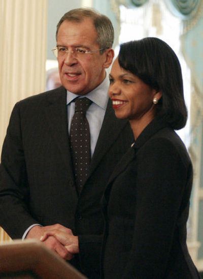
Russian Foreign Minister Sergey Lavrov and U.S. Secretary of State Condoleezza Rice after their news conference Tuesday. 
 (Associated Press / The Spokesman-Review)