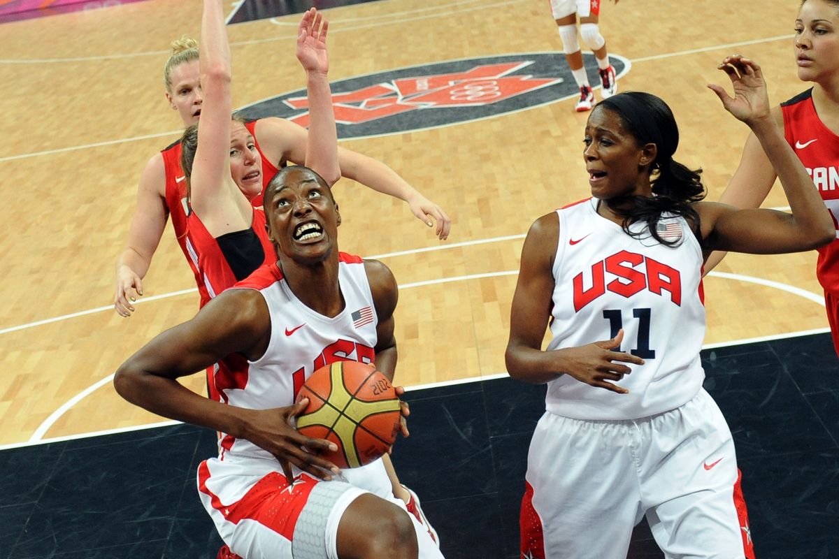 United States center Sylvia Fowles, left, goes for a basket during a women’s quarterfinal basketball match against Canada at the 2012 Summer Olympics on Tuesday in London. (Associated Press)