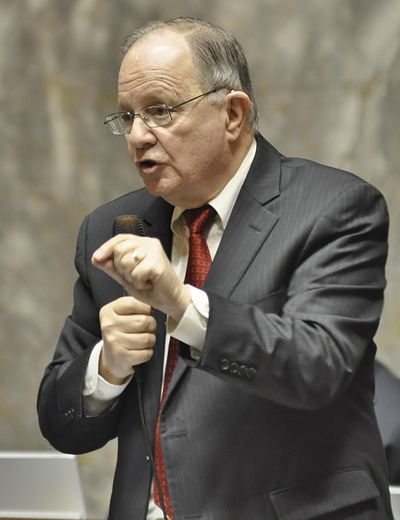 OLYMPIA – Sen. Mike Padden, R-Spokane Valley, argues for an amendment to change the Reproductive Parity Act. The amendment failed, the bill passed the Senate 26-22 Wednesday. (Jim Camden / The Spokesman-Review)