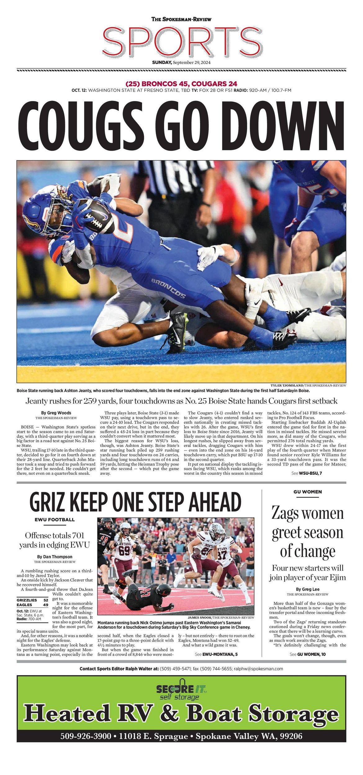 Sports Front Page for Sept. 29, 2024 The SpokesmanReview