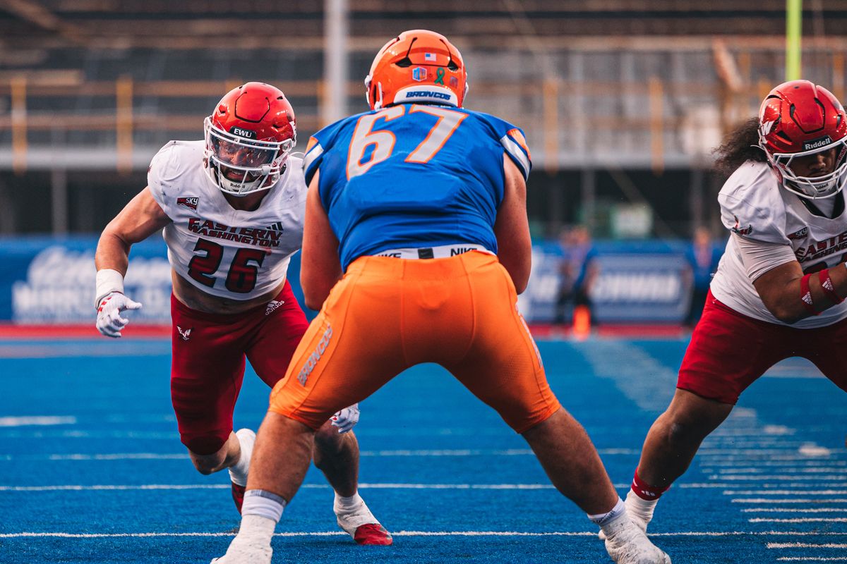 Eastern Washington linebacker Read Sunn tries to rush past Boise State offensive lineman Jason Steele during a nonconference game on Sept. 5 at Albertsons Stadium in Boise.  (Courtesy of EWU Athletics)