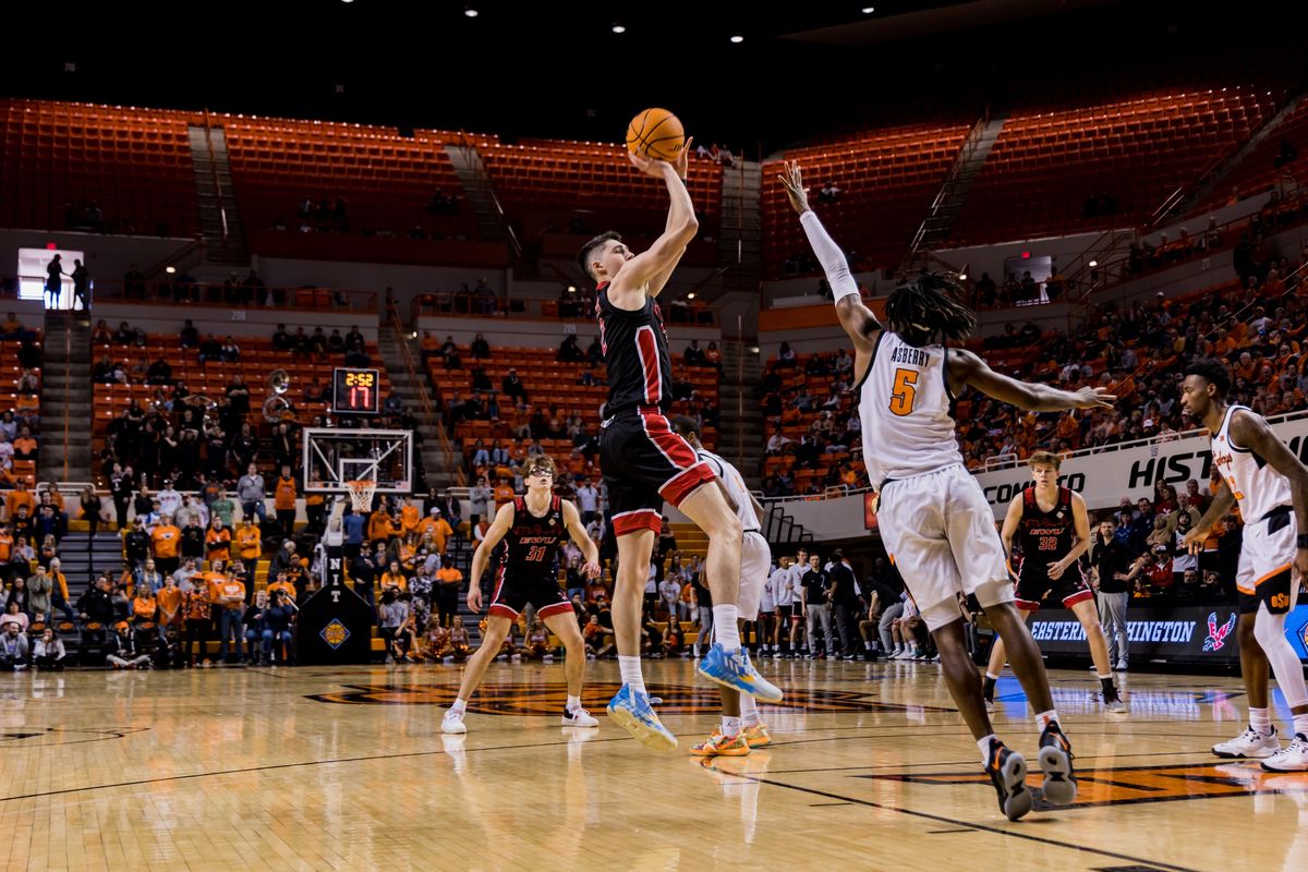 Eastern Washington guard Steele Venters shoots against the Oklahoma State Cowboys on Sunday in Stillwater, Oklahoma.  (Courtesy of EWU Athletics)