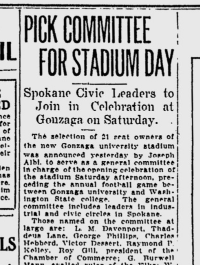 On this day 100 years ago, the community was preparing to open a new football stadium for Gonzaga University.  (S-R archives)