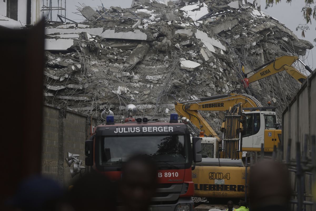 A view of the rubble of the collapsed 21-story apartment building under construction in Lagos, Nigeria, Tuesday, Nov. 2, 2021. Authorities in Nigeria