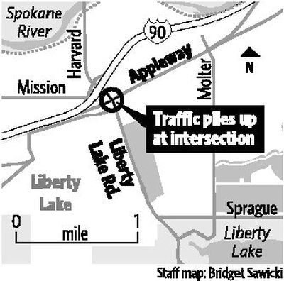 
Drivers heading north on Liberty Lake Road's two lanes must merge into one lane north of Appleway. 
 (The Spokesman-Review)