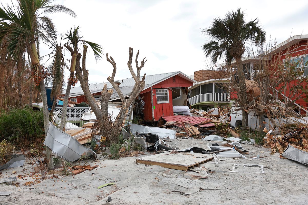 A destroyed building sits among debris after Hurricane Ian passed through the area on Oct. 8, 2022, in Sanibel, Fla.  (Joe Raedle)