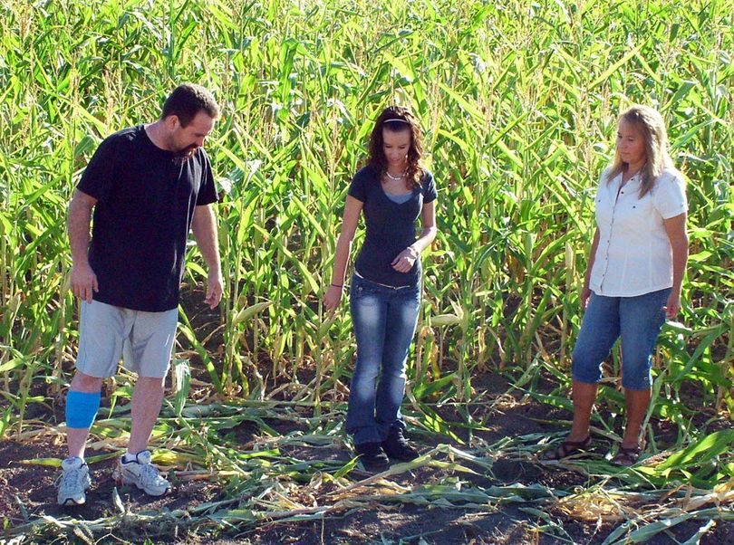 In this Monday, Oct. 3, 2011 photo provided by the Preston Citizen, from left, Michael Vaughn and his 17-year-old daughter Alexis talk with Sue Panter in a corn field where Panter on was attacked Friday, Sept. 30 by a mule deer near Franklin, Idaho. Panter was able to escape the attack after the Vaughns fought off the buck, grabbing the antlers and striking it with a hammer until it fled, state wildlife officials said. (Associated Press)