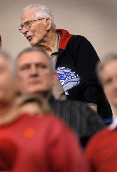 
Gonzaga basketball fan Bjarne Overlie, 99, watches as the team takes the court Jan. 28. 
 (Brian Plonka / The Spokesman-Review)