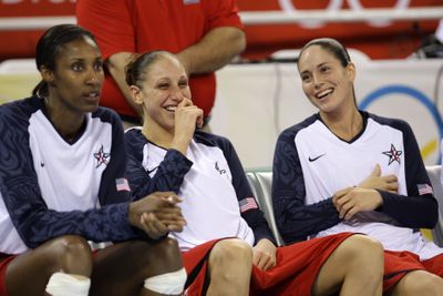 USA’s Lisa Leslie, left, Diana Taurasi, center, Sue Bird and the U.S. women won by a margin of 42.8 points in preliminary play. (Associated Press / The Spokesman-Review)
