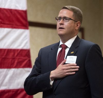 Matt Shea attends Rand Paul rally, Aug. 26, 2015, at the DoubleTree Hotel. (Dan Pelle/SR photo)
