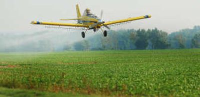 
Paul Gould, owner of AgraTech Inc. in Webbers Falls, Okla., sprays soybean fields with water using one of his crop-duster airplanes. Gould, 49, says he can do his job for another 10 or 15 years, health permitting, buying time for him to find a successor. Associated Press
 (Associated Press / The Spokesman-Review)