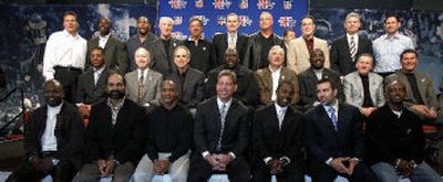 
Super Bowl MVPs take time for a photo Friday. Front row, from left to right: Emmitt Smith ('94), Franco Harris ('75), Lynn Swann ('76), Troy Aikman ('93), Desmond Howard ('97), Kurt Warner ('00) and Dexter Jackson ('03). Center row: Marcus Allen ('84), Bart Starr ('68), Roger Staubach ('72), Ottis Anderson ('91), Larry Csonka ('74), Doug Williams ('88), Len Dawson ('70) and Mark Rypien ('92). Back row: Jim Plunkett ('81), Terrell Davis ('98), Ray Lewis ('01), Fred Biletnikoff ('77), Joe Namath ('69), NFL Commissioner Paul Tagliabue, Randy White ('78), Chuck Howley ('71), John Riggins ('83) and Steve Young ('95). 
 (Associated Press / The Spokesman-Review)