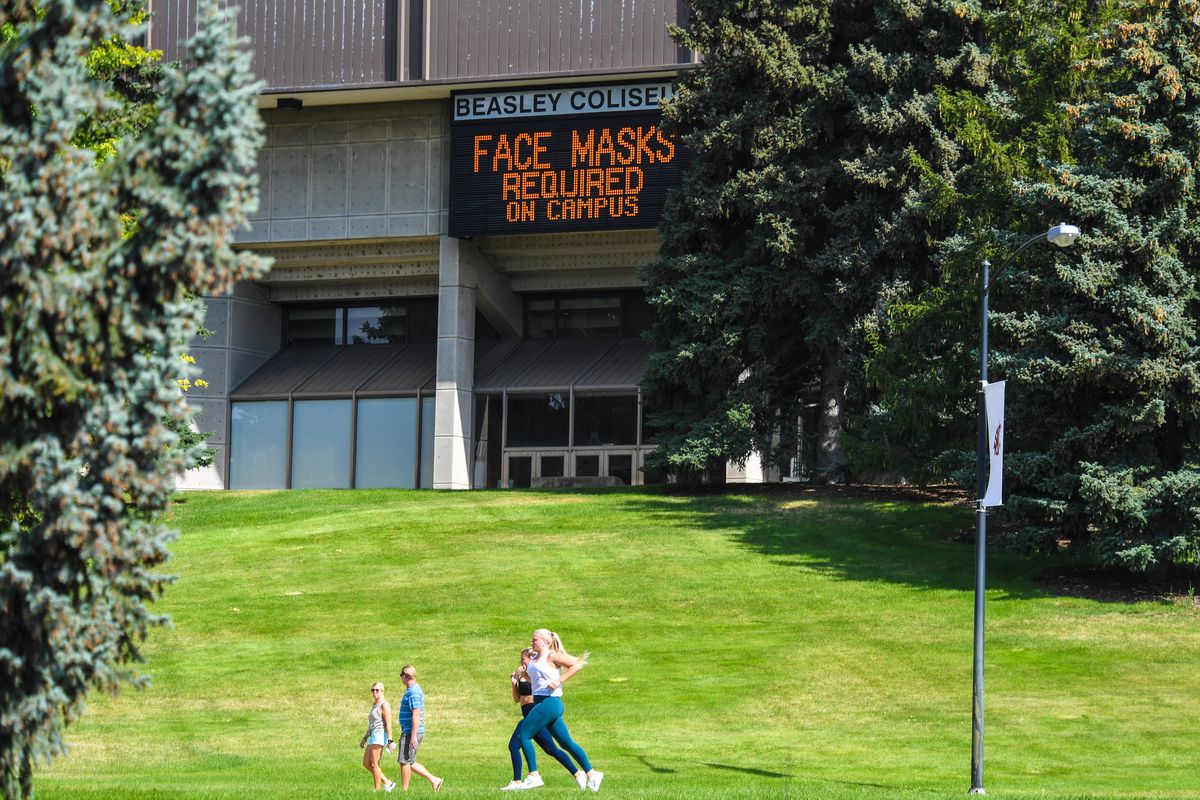 A reader board on the Beasley Coliseum promotes masks on the first day of school on Monday in Pullman.  (DAN PELLE/THE SPOKESMAN-REVIEW)