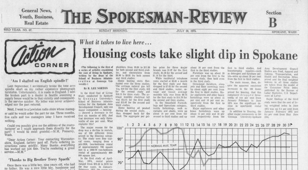 A Spokane cost of living survey showed that the average rental price of two-bedroom apartment was $135 per month, and the average purchase price for a house was $22,450, The Spokesman-Review reported on July 20, 1975.  (Spokesman-Review archives)