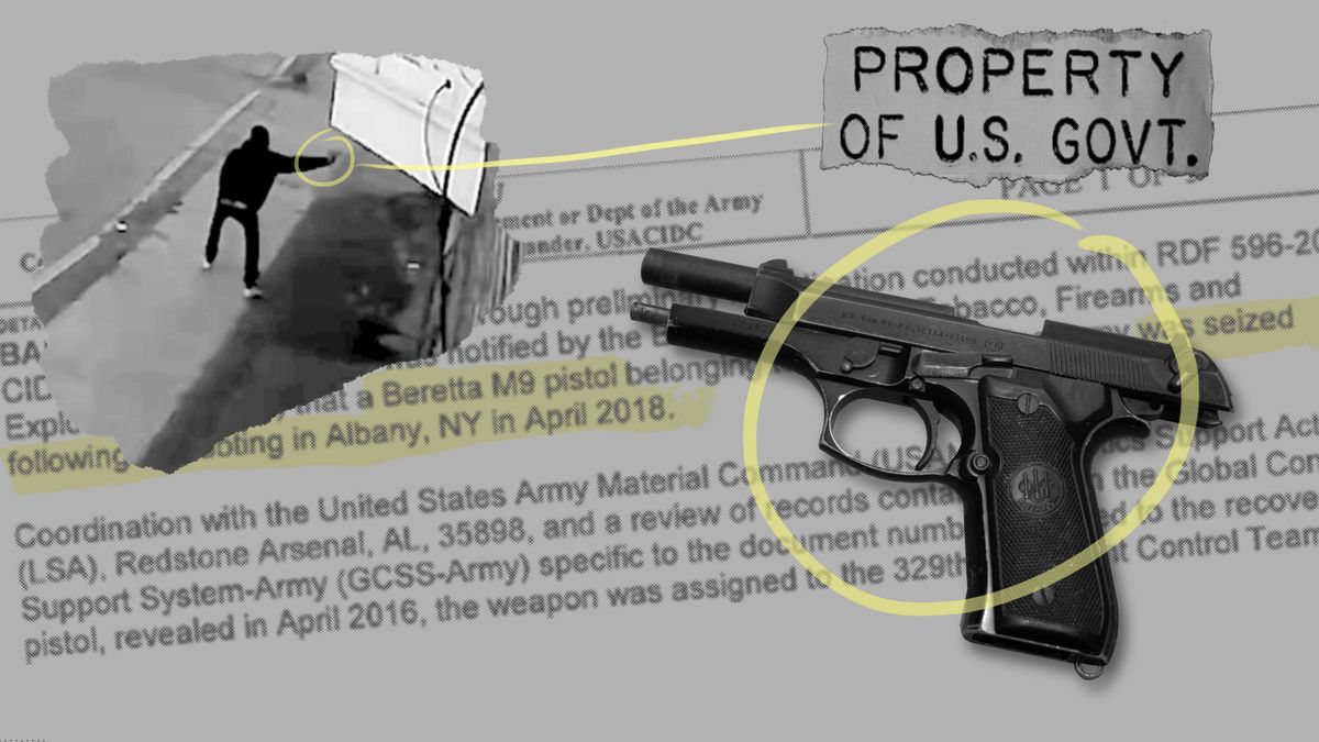A photo illustration showing a gun tied to four shootings in Albany, New York, an investigative document and surveillance video of one shooting. (Associated Press)